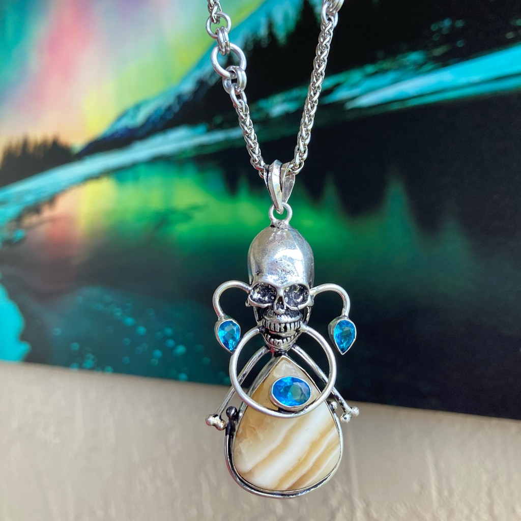 Yellow White Stripped Agate & Blue Aquamarine Stones Skull Boho Goth Necklace .